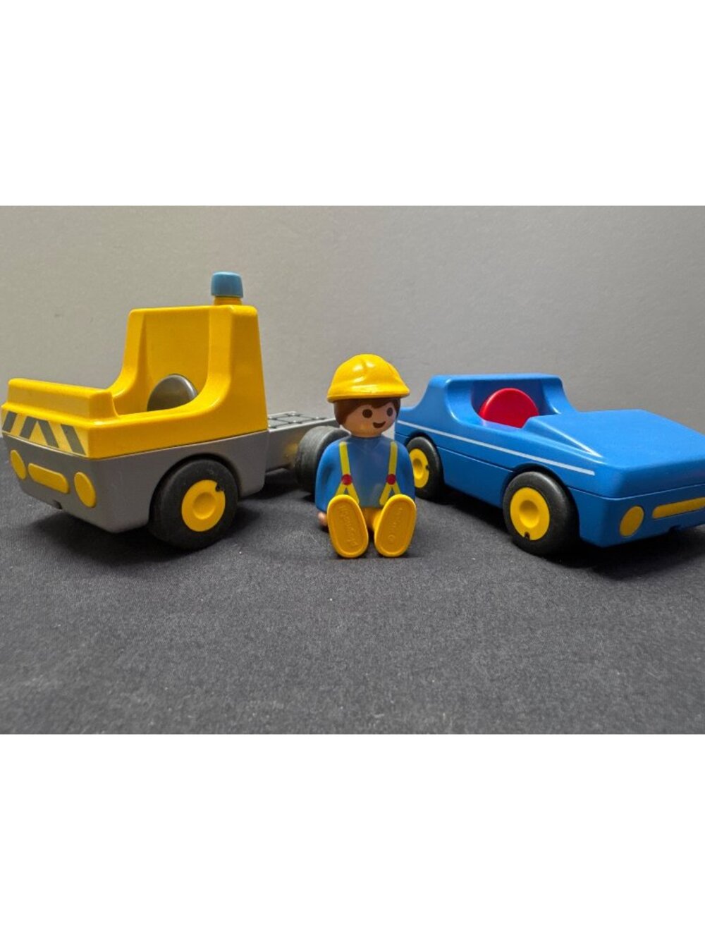 Vintage 1990 Playmobil Worker Figure With Tow Truck & Blue Car Toy Set
